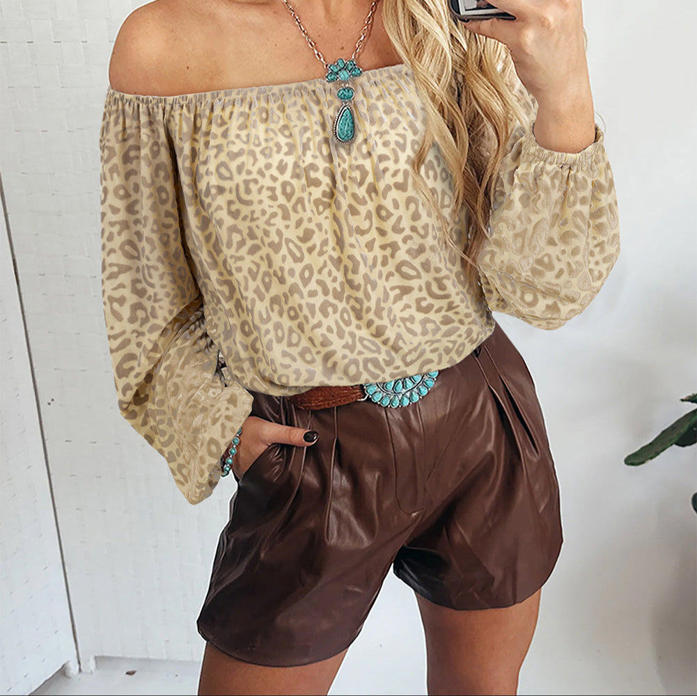 Tan Leopard Velvet Off Shoulder Top