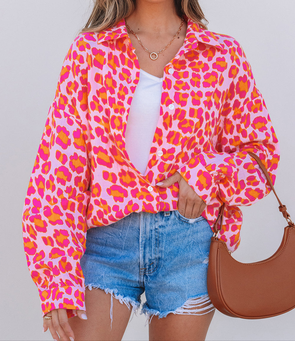 Pink Leopard Button Up Top