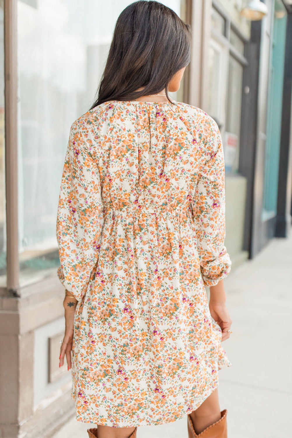 Yellow Floral Ruffled Long Sleeve Mini Dress