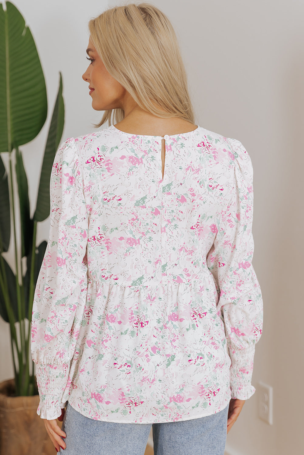 Pink Floral Balloon Sleeve Keyhole Back Babydoll Top