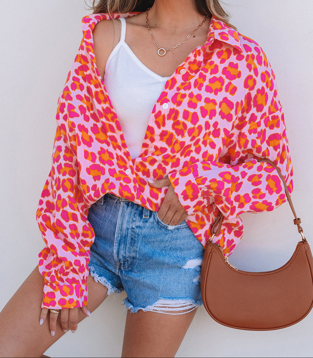 Pink Leopard Button Up Top