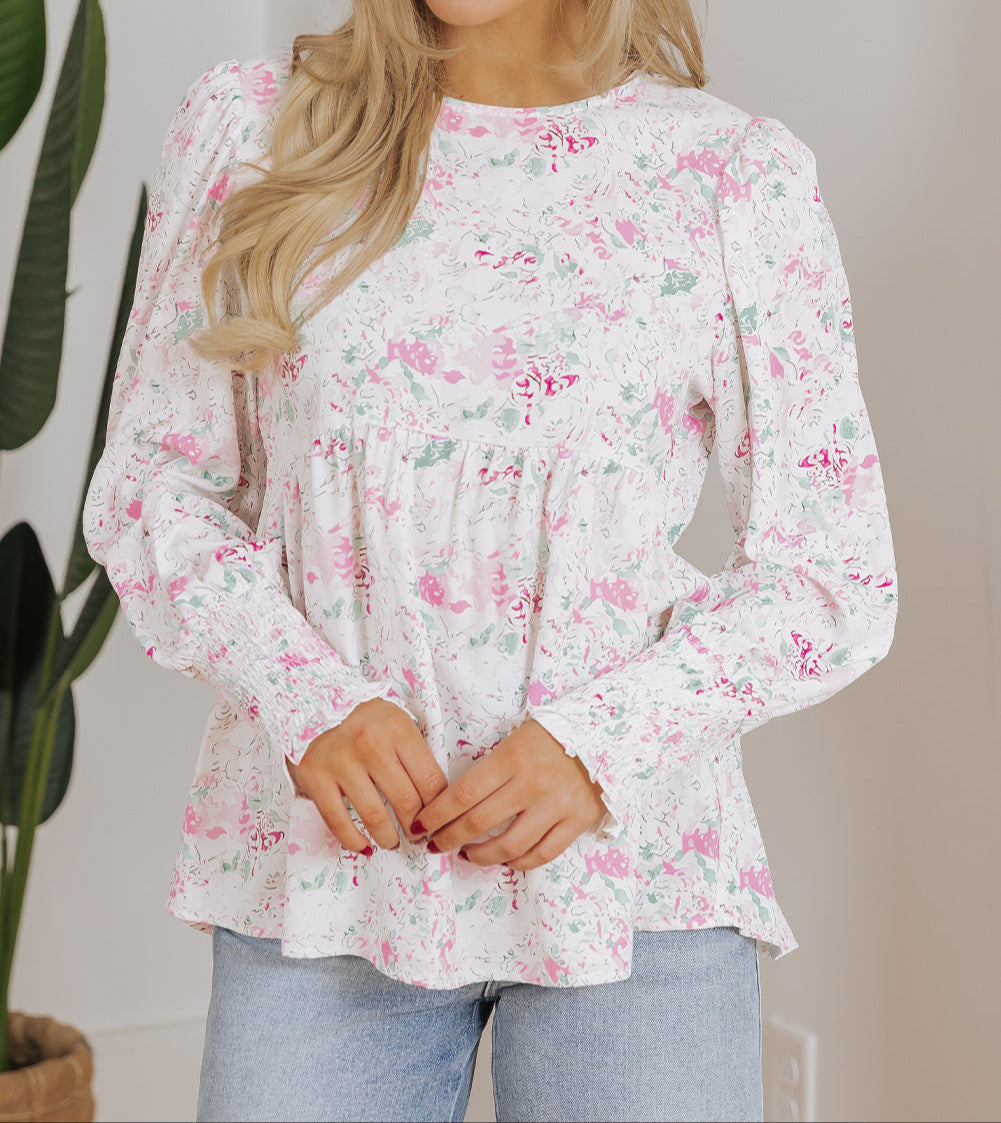 Pink Floral Balloon Sleeve Keyhole Back Babydoll Top