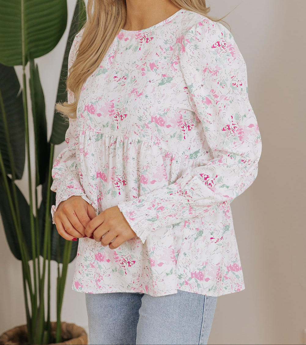 Pink Floral Balloon Sleeve Keyhole Back Babydoll Top