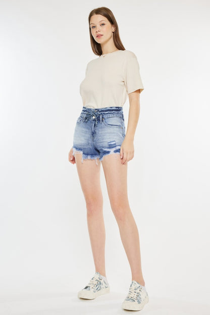 Kancan Acid Wash High Rise Frayed Hem Denim Shorts