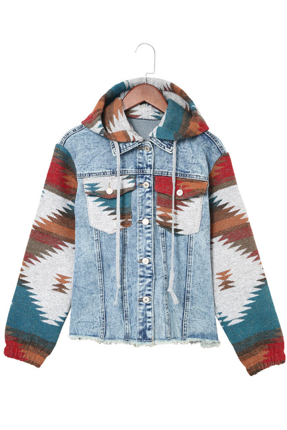 Aztec Hooded Frayed Hem Denim Jacket