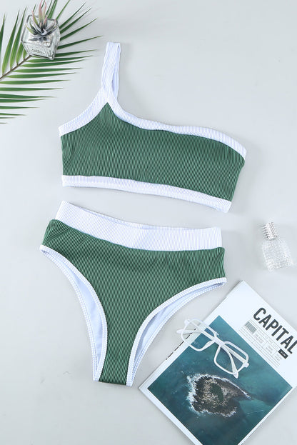 Green One Shoulder Patchwork High-waisted Bikini Set