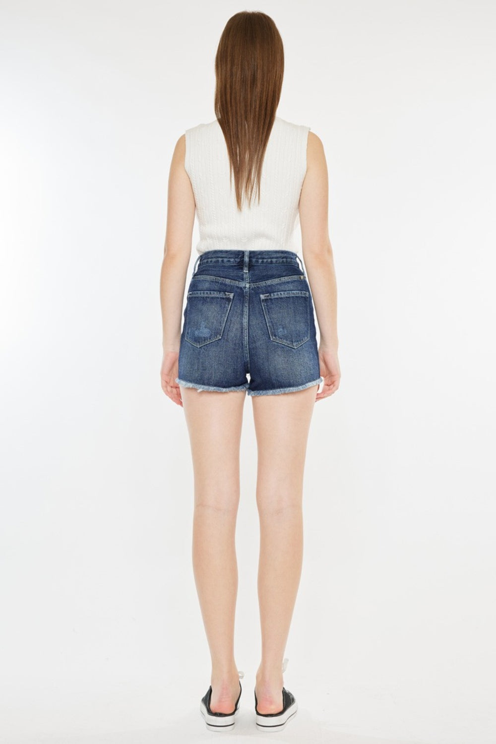 Kancan Dark Wash Raw Hem Button Fly Denim Shorts