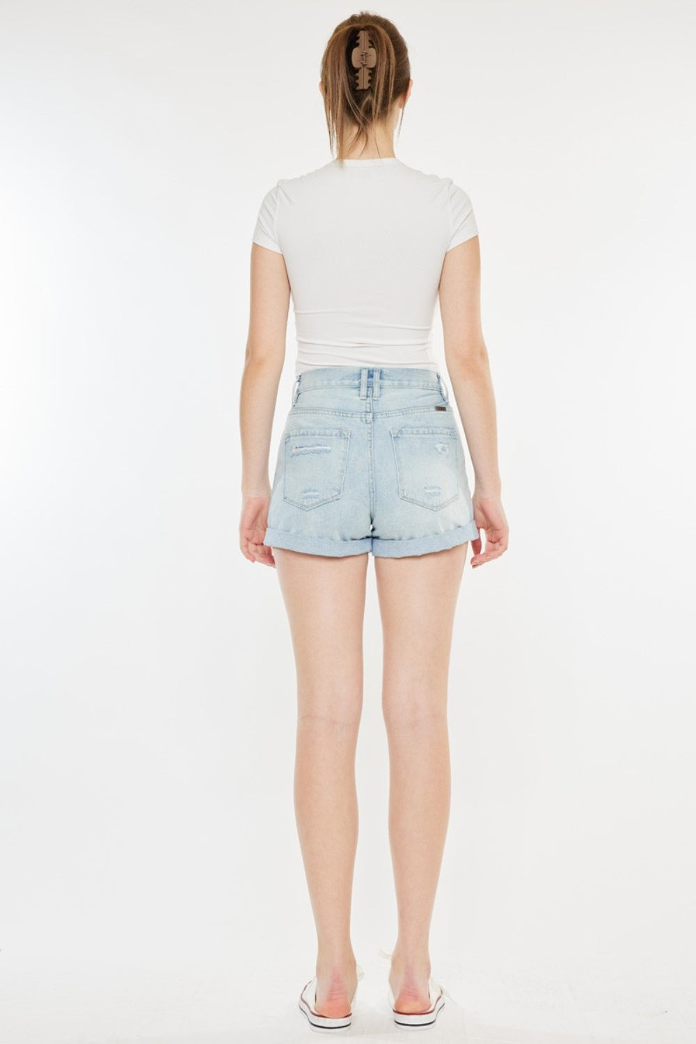 Kancan Light Wash High Rise Repaired Mom Denim Shorts