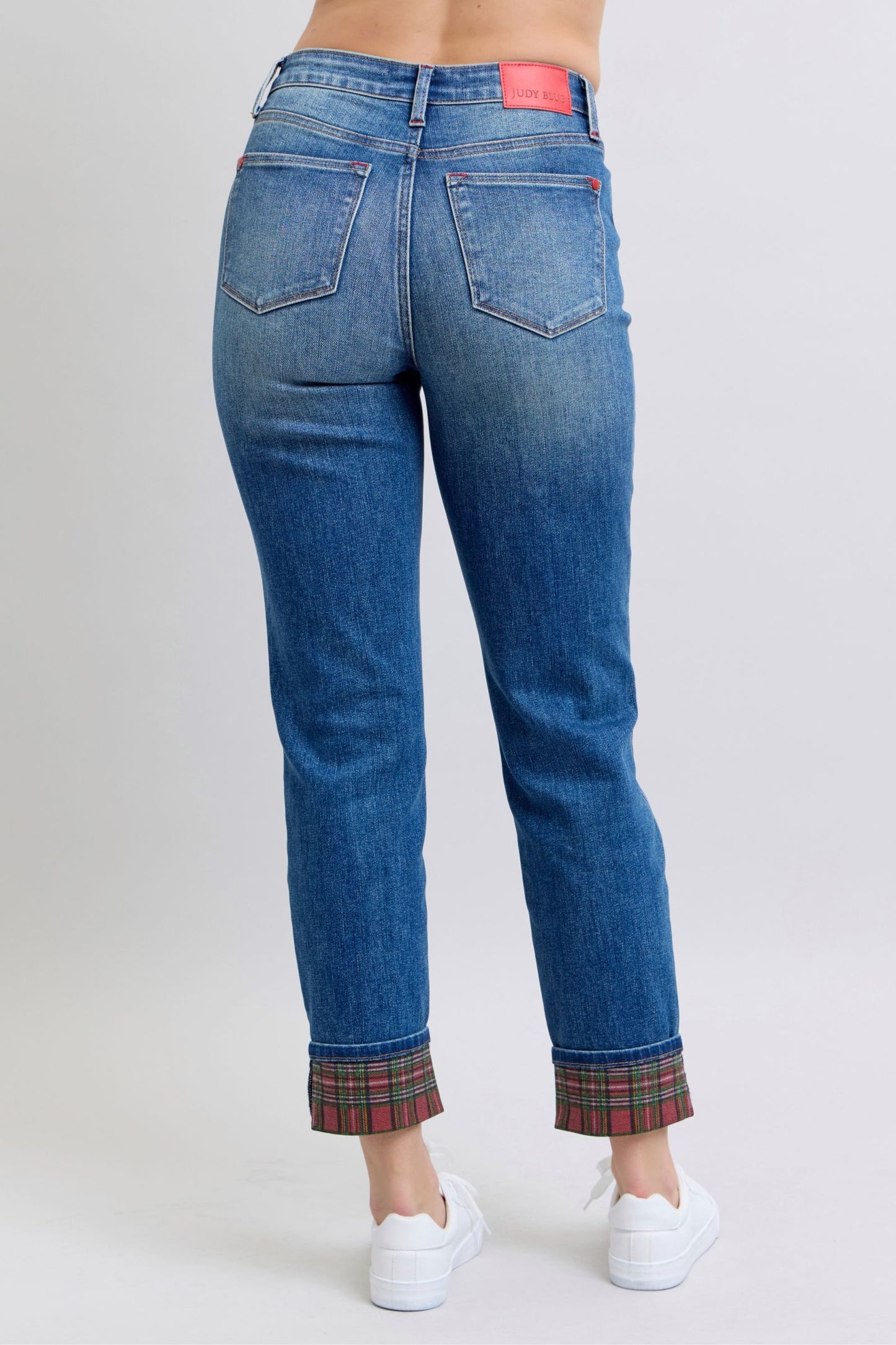 Judy Blue Plaid Print Cuff Straight Leg Jeans with Pockets