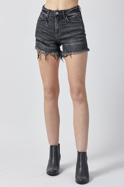 Risen Black Raw Hem Denim Shorts