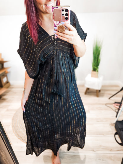 America + Beyond Black Gold Stripe Maxi Dress