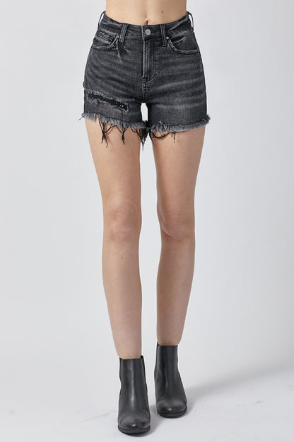 Risen Black Raw Hem Denim Shorts