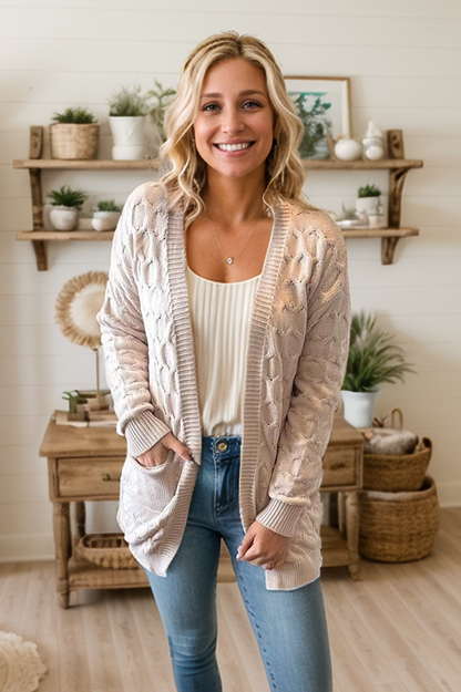 Neutral Eyelet Oversized Pocket Cardigan