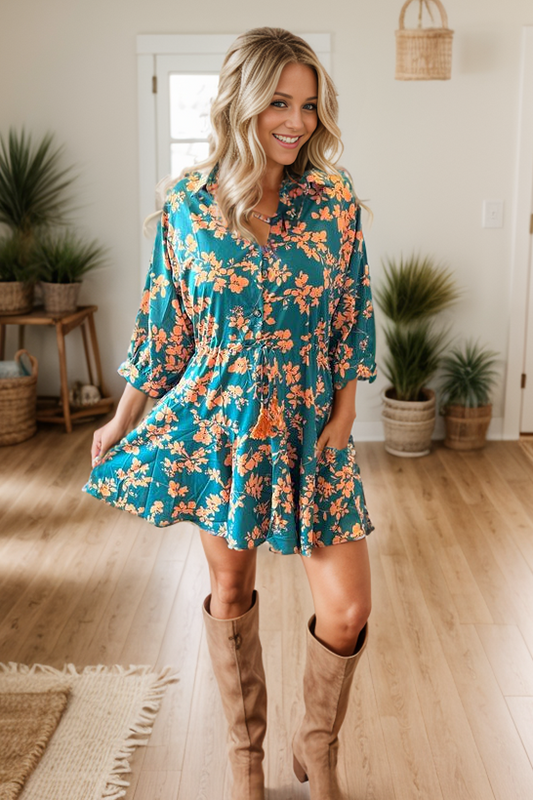 Teal Floral Pocket Dress