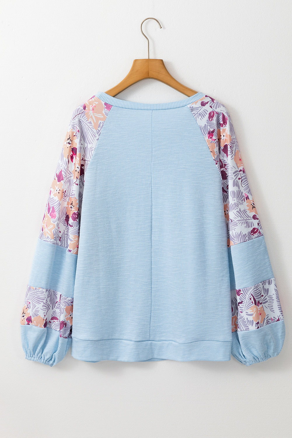 Ribbed Floral Patchwork Sleeve Top