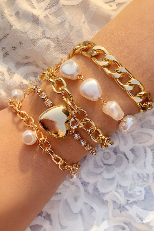 Gold Pearl Heart Diamond Bracelet Set