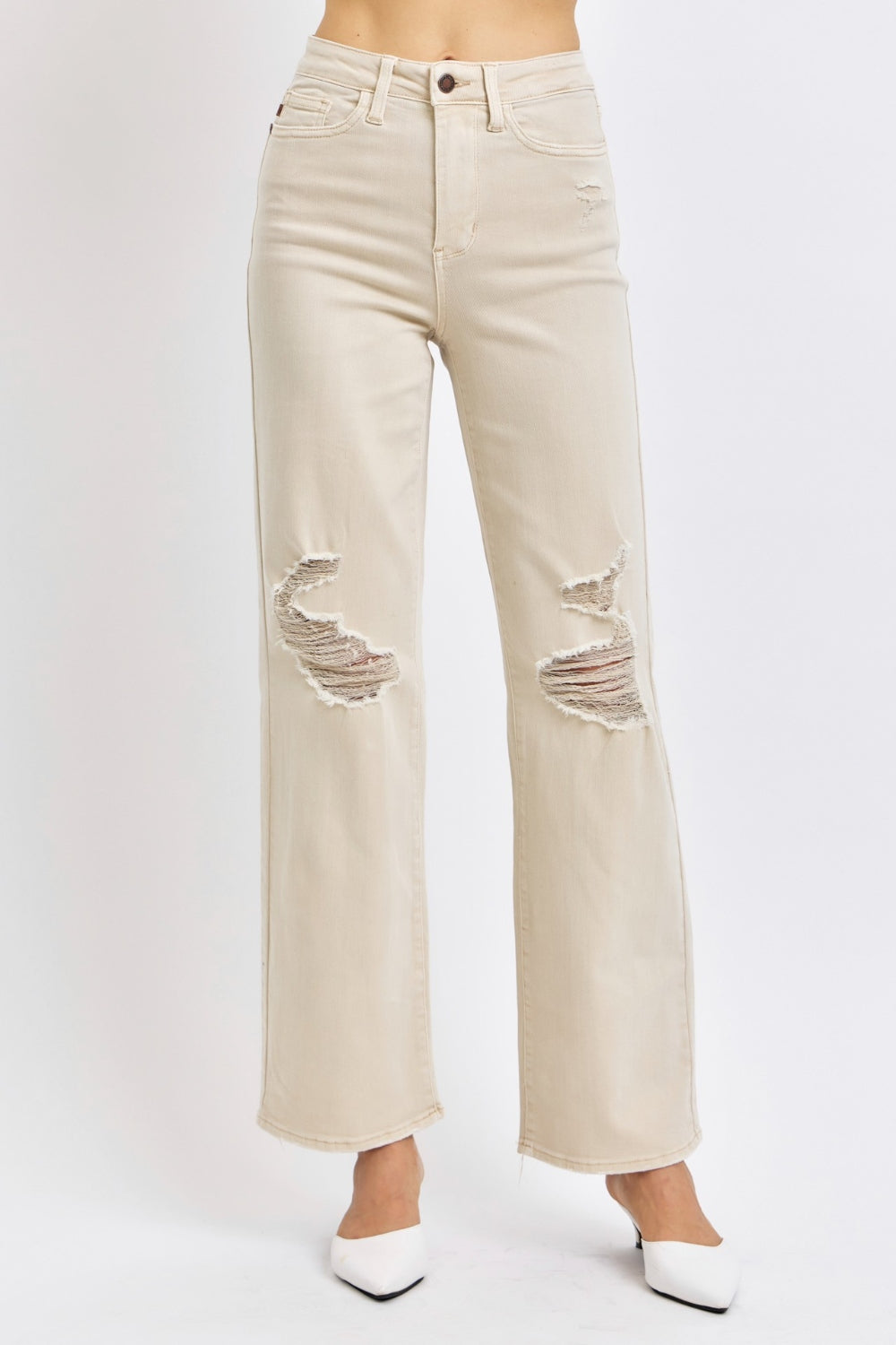 Judy Blue Cream High Waist Distressed Wide Leg Jeans