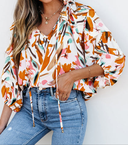 White Printed Drawstring Frilled V Neck 3/4 Sleeve Blouse