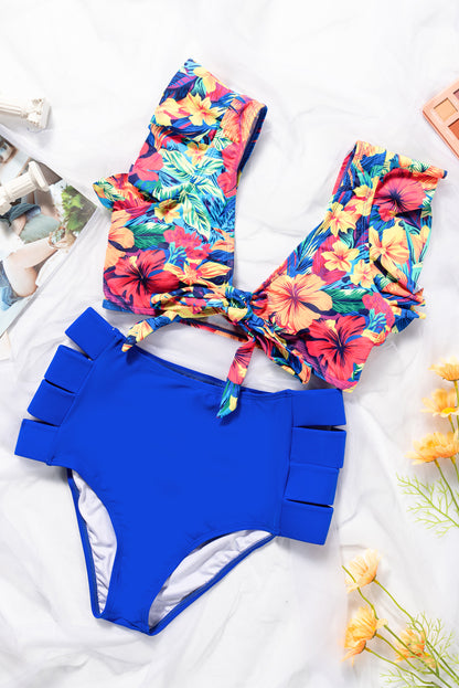 Floral Print Front Tie High Waist Bikini Swimsuit with Ruffles