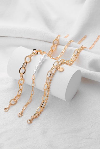 Gold Pearl Link Chain Bracelet Set