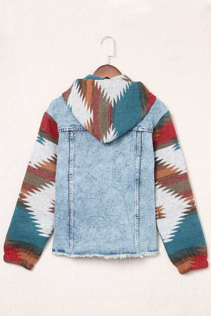 Aztec Hooded Frayed Hem Denim Jacket