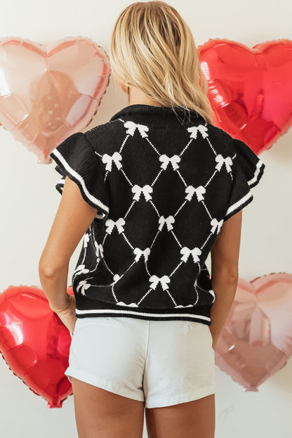 Bow Print Zipped Collar Sweater Tee