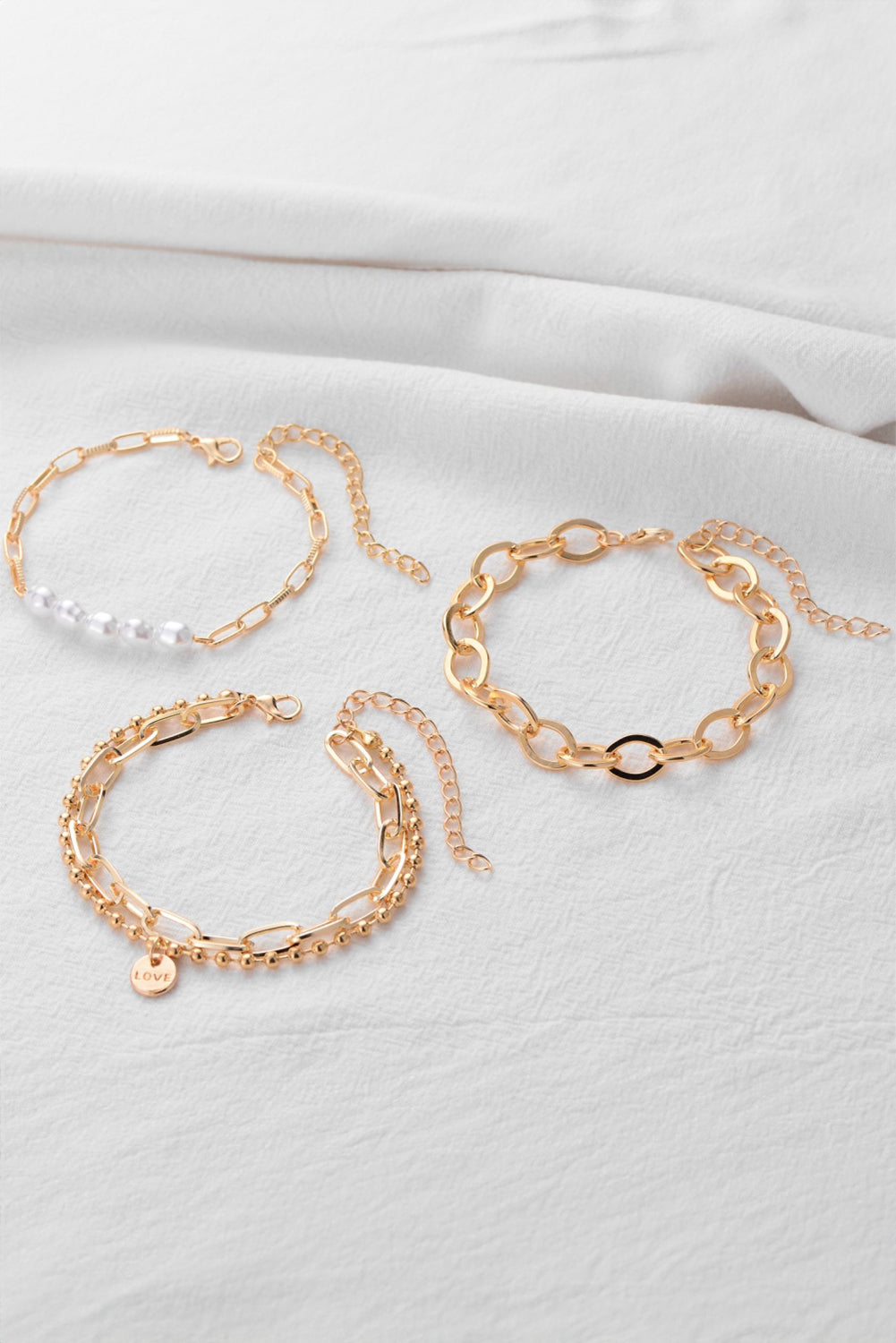 Gold Pearl Link Chain Bracelet Set