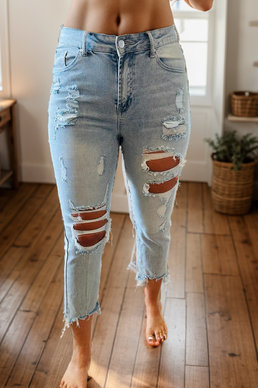 Light Wash Destructed Crop Jeans