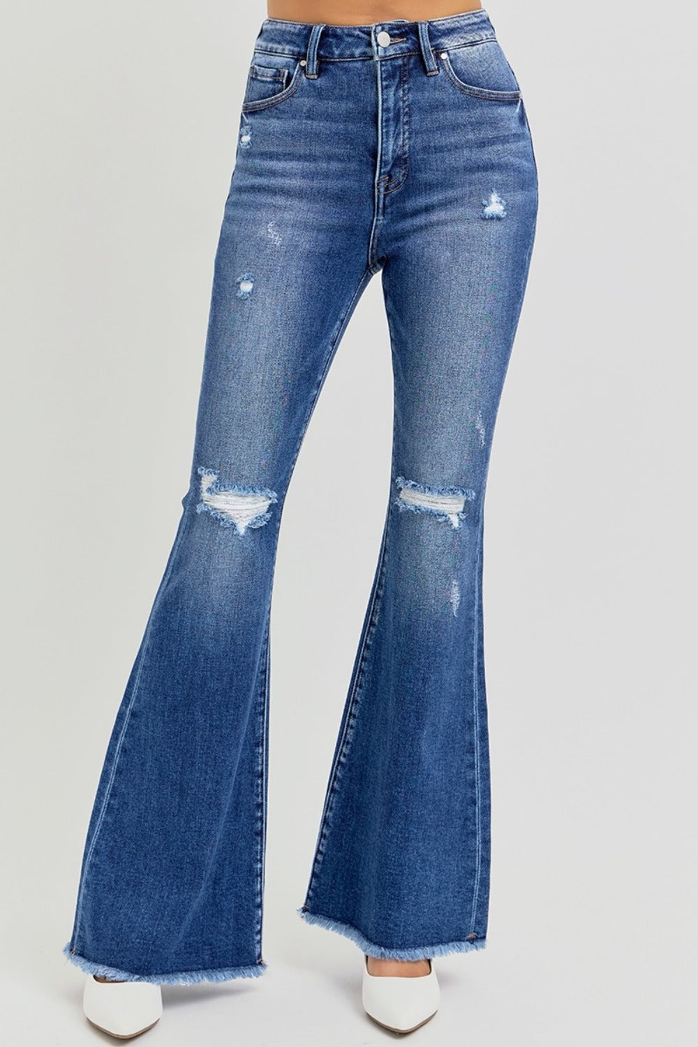 Risen High Rise Distressed Raw Hem Flare Jeans