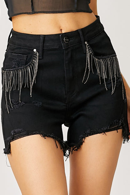 Risen Frayed Hem Denim Shorts with Fringe Pockets