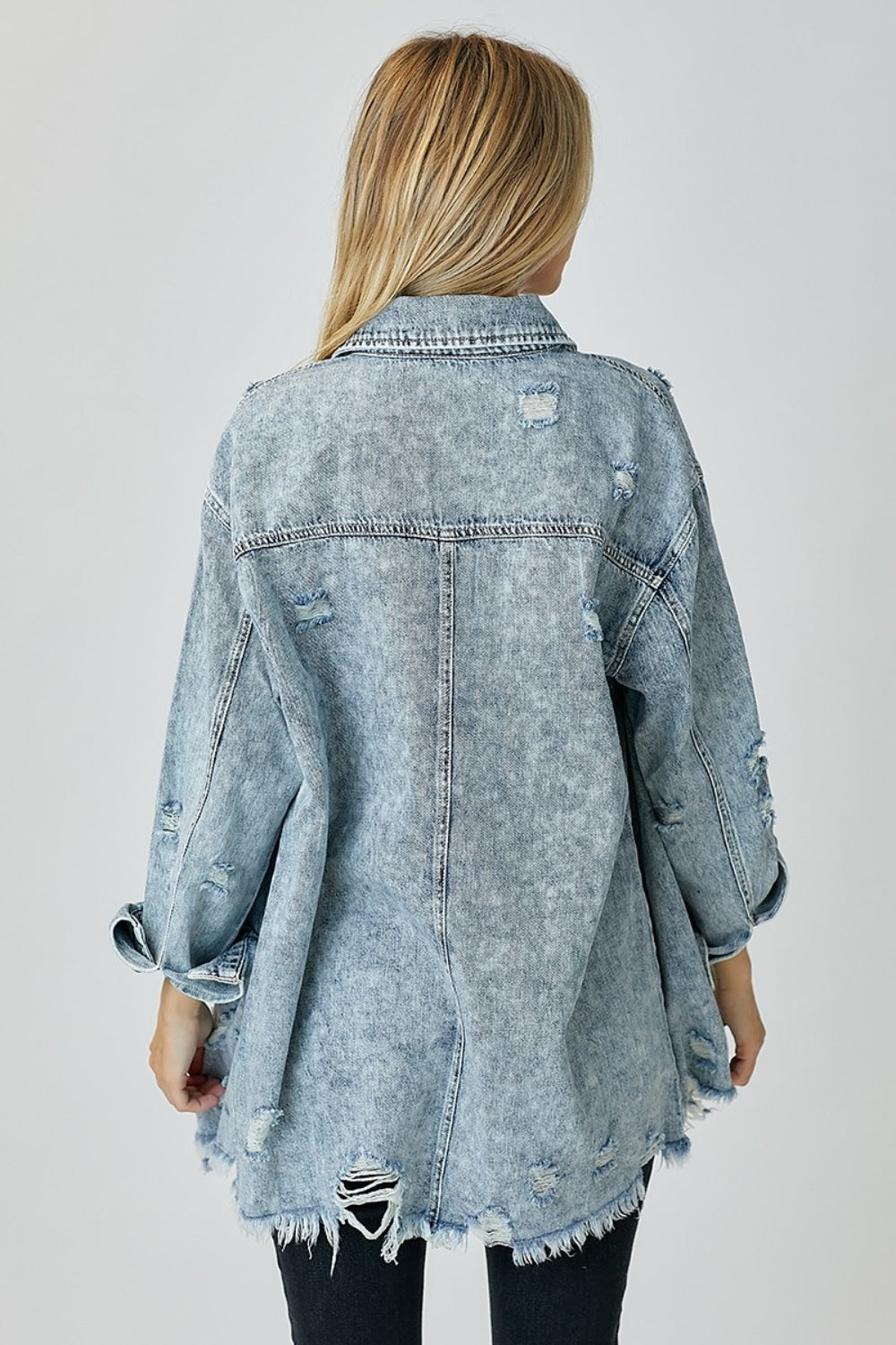 Risen Acid Wash Distressed Raw Hem Denim Shirt