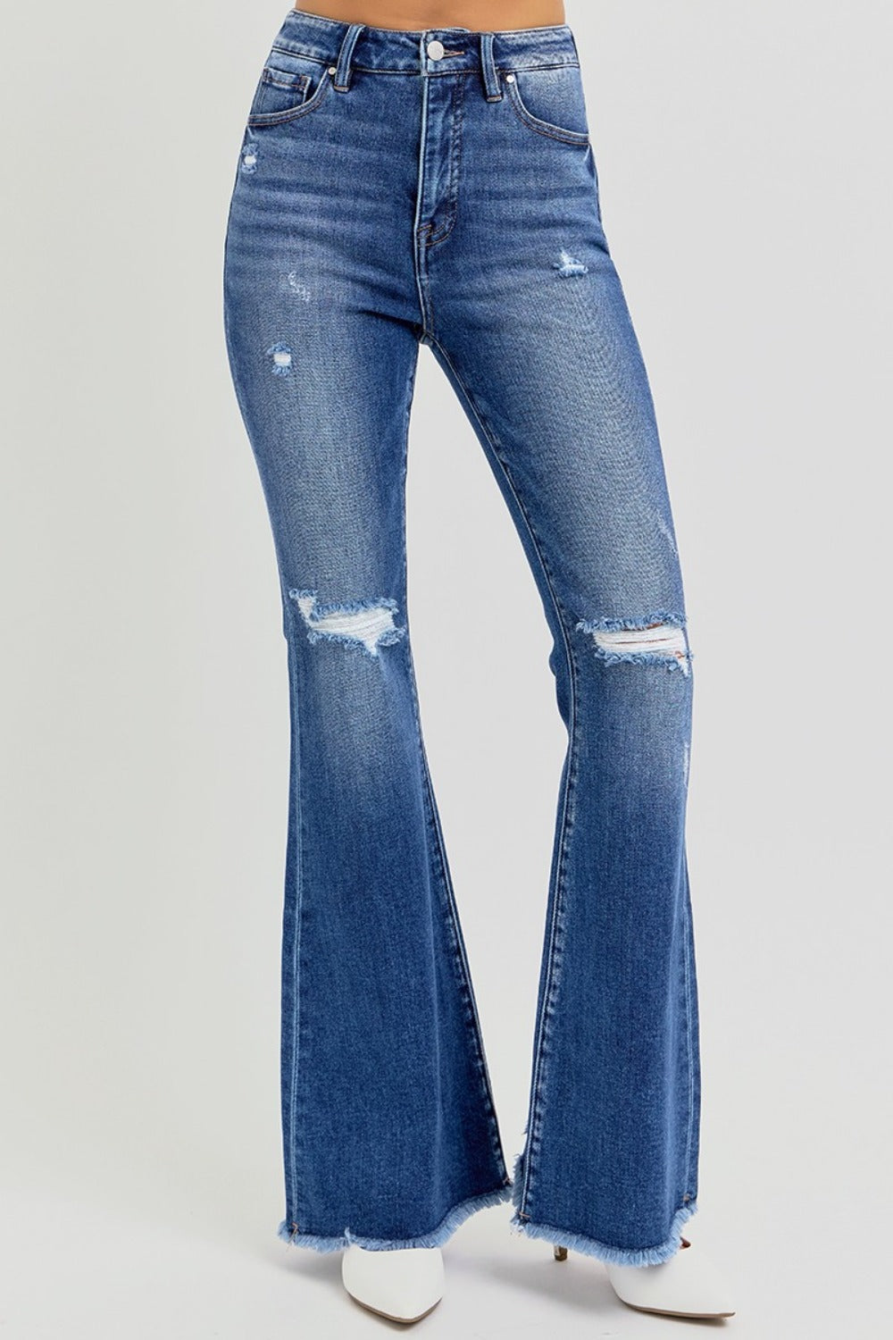 Risen High Rise Distressed Raw Hem Flare Jeans