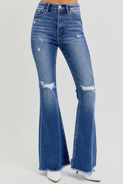 Risen High Rise Distressed Raw Hem Flare Jeans