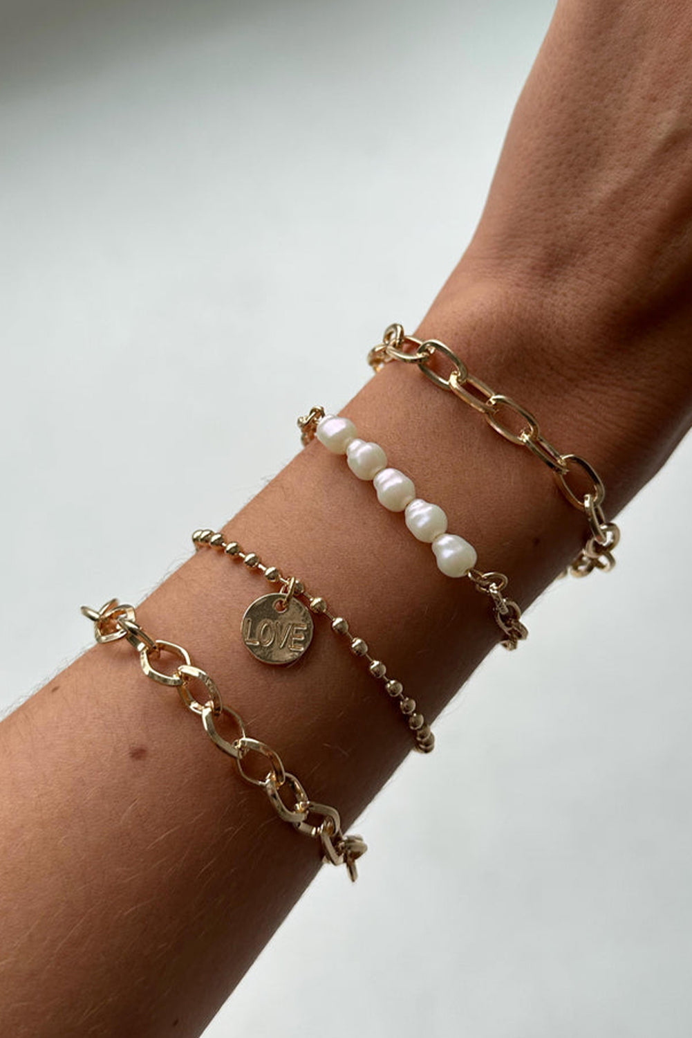 Gold Pearl Link Chain Bracelet Set