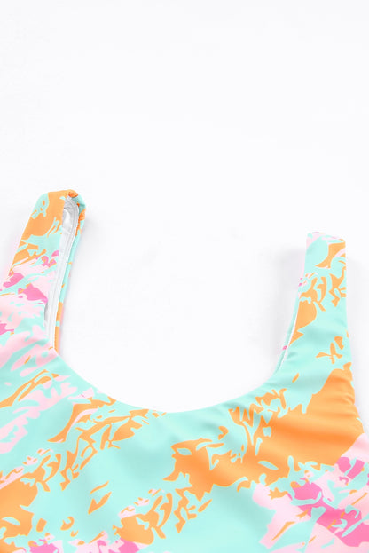 Sky Blue Abstract Waves Print High Waist Bikini Swimsuit