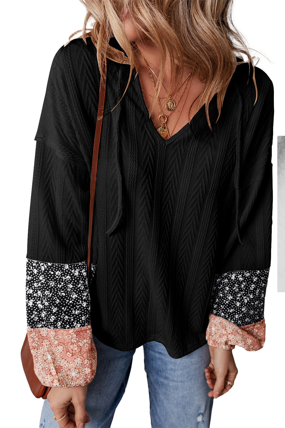 Patchwork Textured V Neck Top