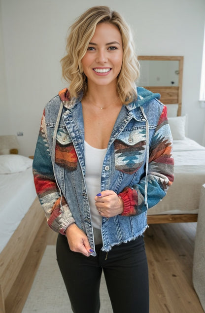 Aztec Hooded Frayed Hem Denim Jacket