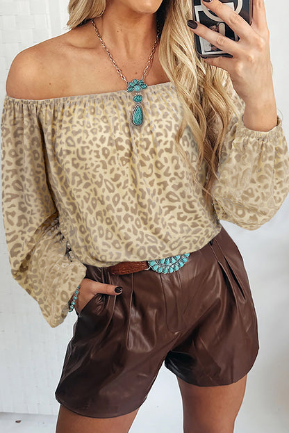Tan Leopard Velvet Off Shoulder Top