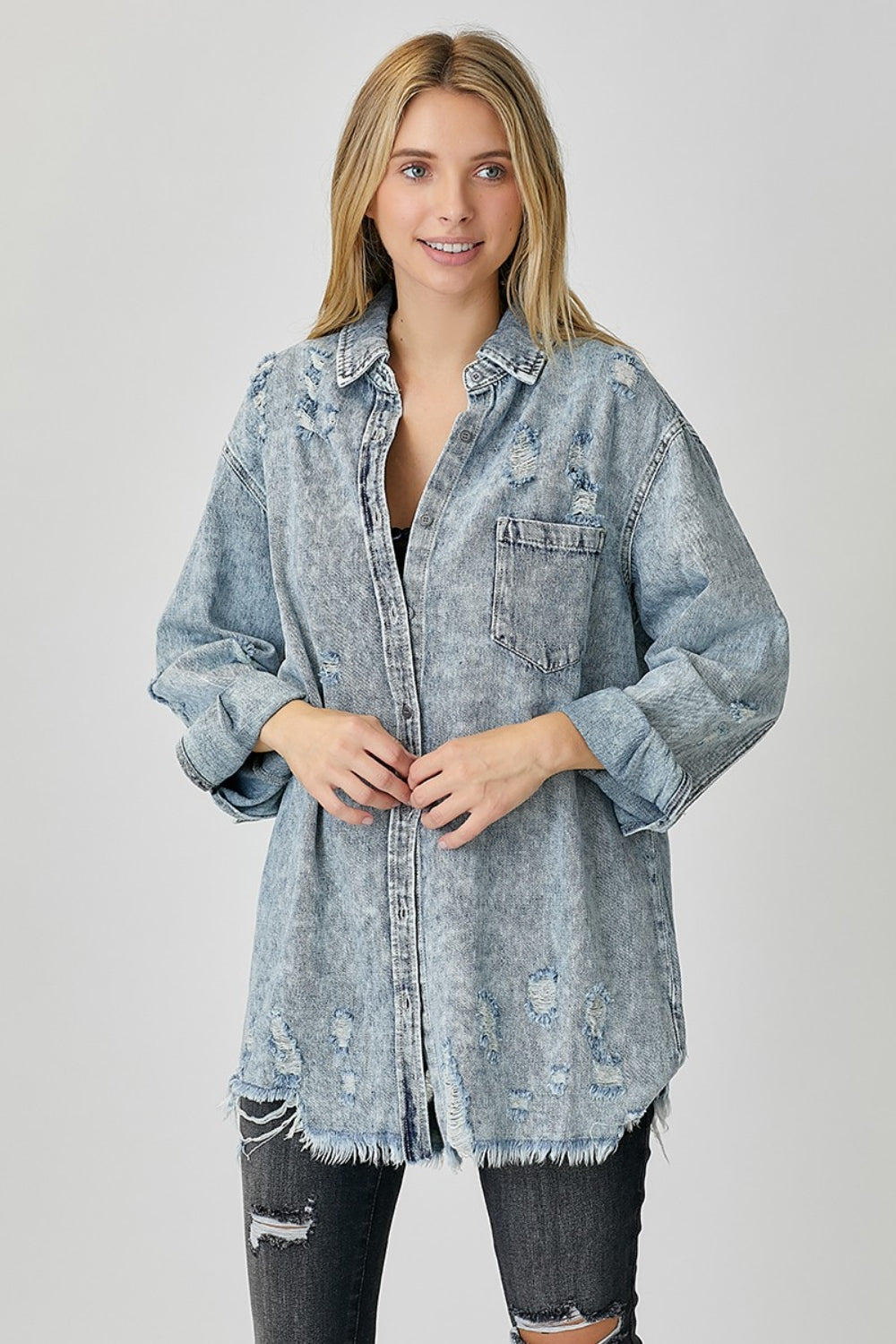 Risen Acid Wash Distressed Raw Hem Denim Shirt