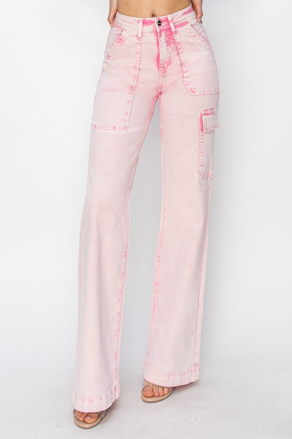 Risen Pink Wide Leg Cargo Pocket Jeans