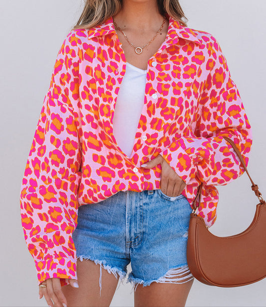 Pink Leopard Button Up Top