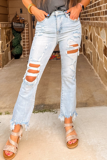 Light Wash Destructed Crop Jeans