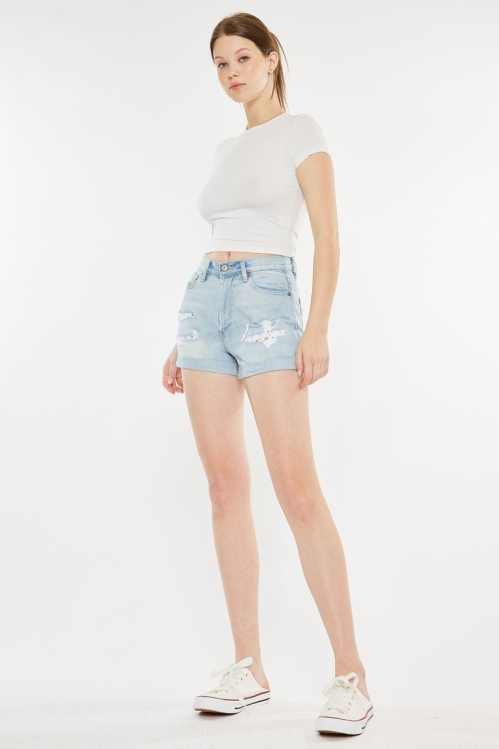 Kancan Light Wash High Rise Repaired Mom Denim Shorts