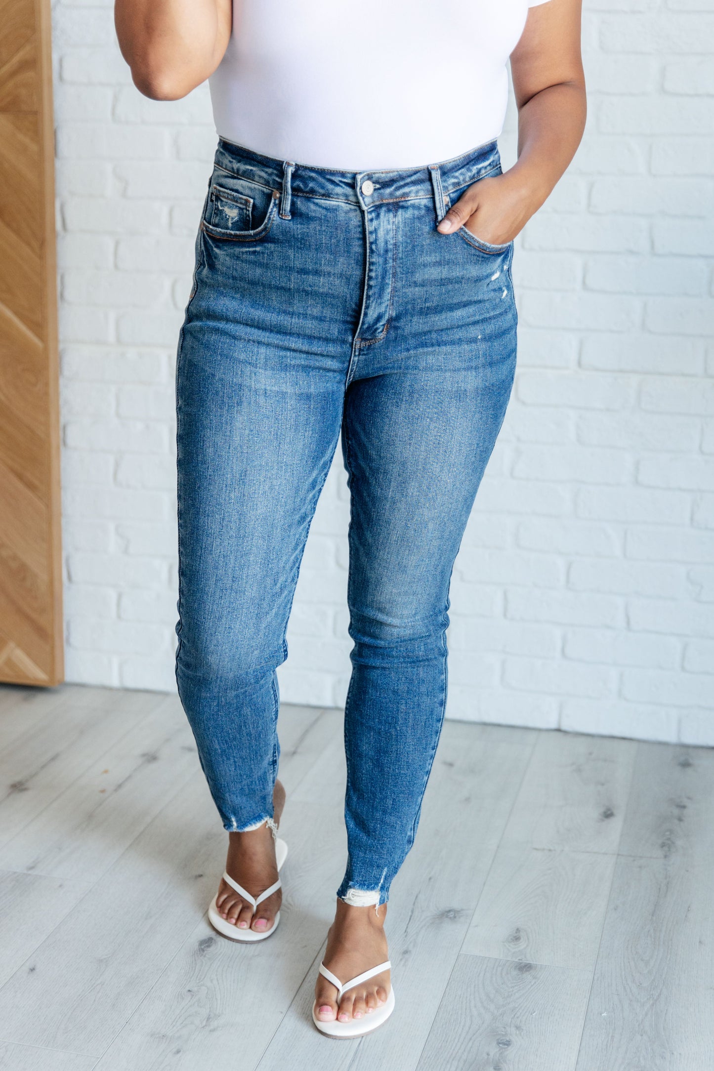 Judy Blue High Rise Tummy Control Distressed Hem Skinny Jeans