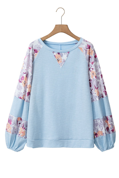 Ribbed Floral Patchwork Sleeve Top