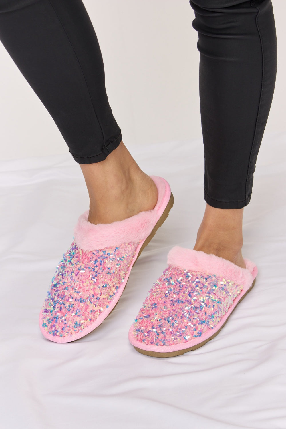 Pink Sequin Plush Slippers