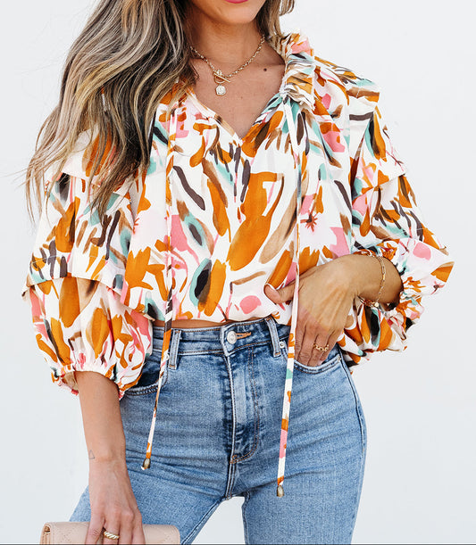 White Printed Drawstring Frilled V Neck 3/4 Sleeve Blouse