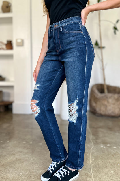 Judy Blue Rigid Magic High Waist Heavy Destroy Straight Jeans