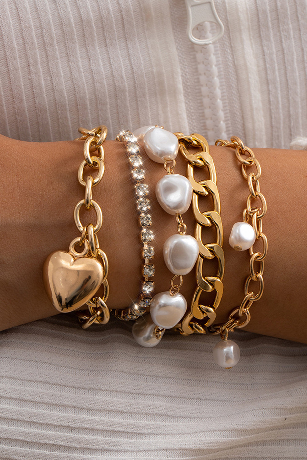 Gold Pearl Heart Diamond Bracelet Set