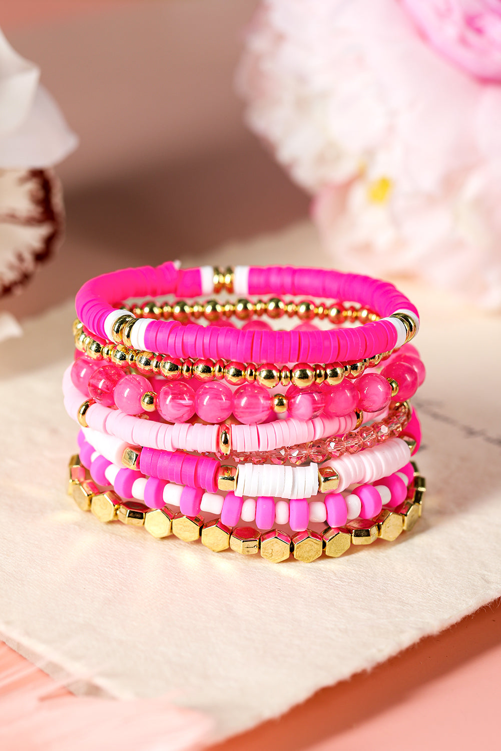 Pink Clay Bead Layered Bracelet Set